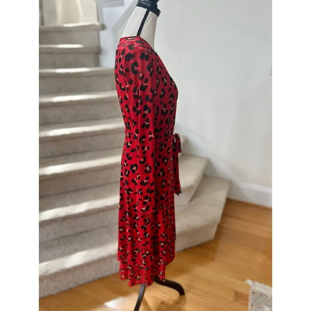 NWT Cabi Siren Wrap Dress Red Leopard Print Midi Long Sleeve - Picture 3 of 8